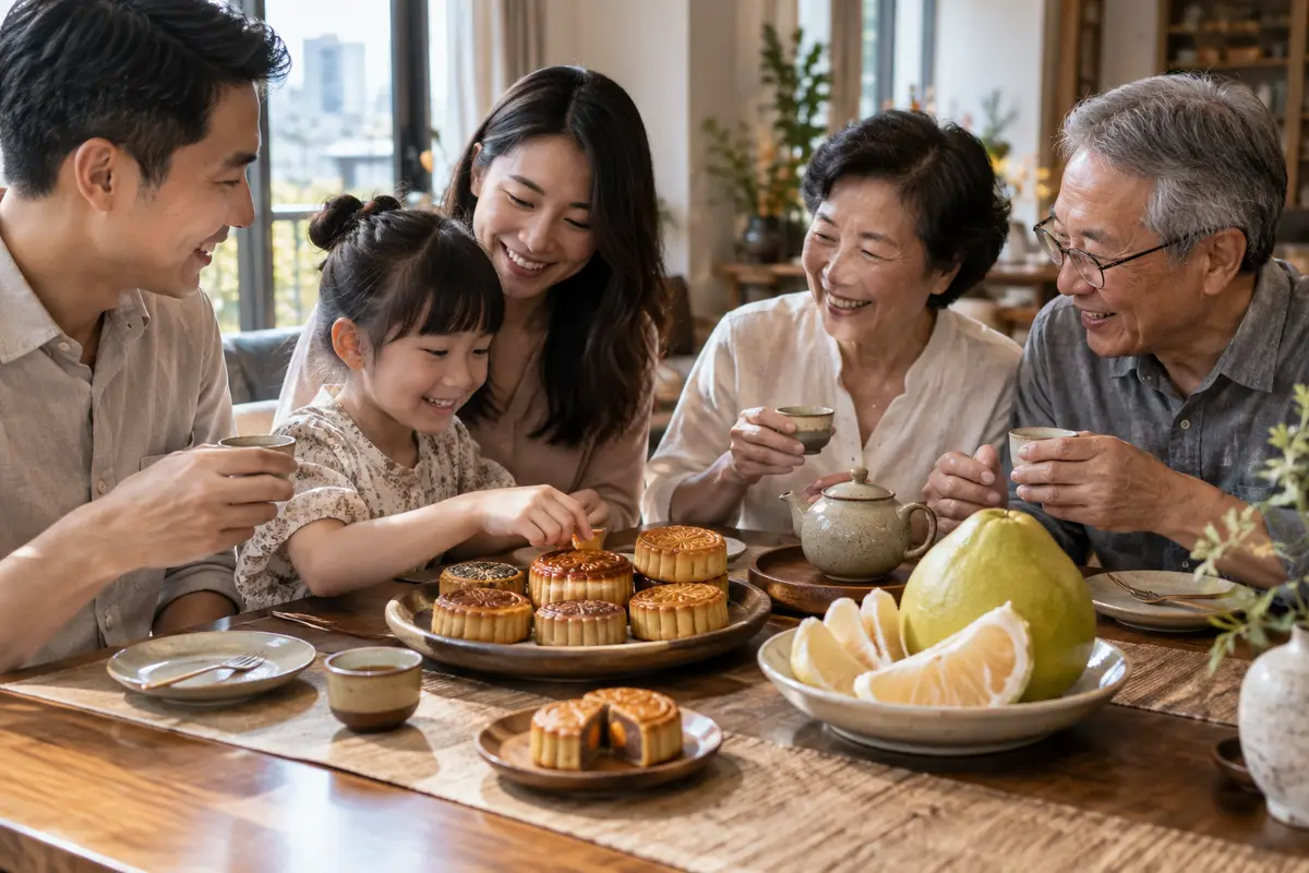 月餅、柚子與茶具擺盤的中秋food攝影（示意圖）