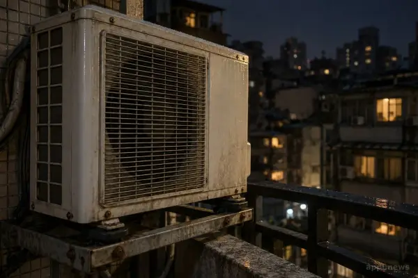 夜間住宅陽台上的分離式冷氣室外機，遠處可見安靜的住宅窗戶。