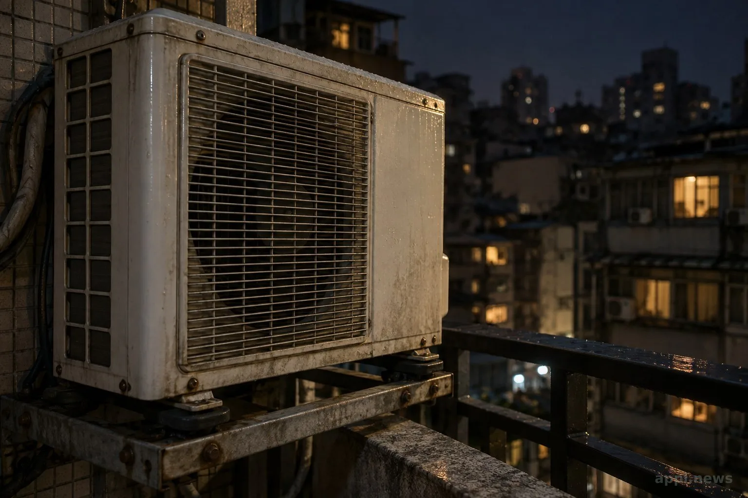 夜間住宅陽台上的分離式冷氣室外機，遠處可見安靜的住宅窗戶。