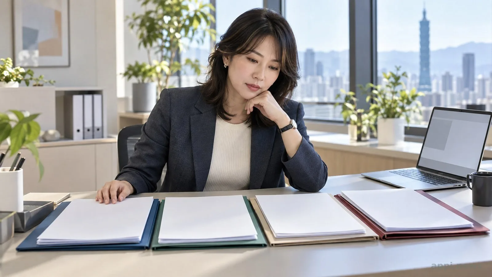 台灣辦公室中，一位會計人員在筆電旁檢視四份分開的月結任務資料。