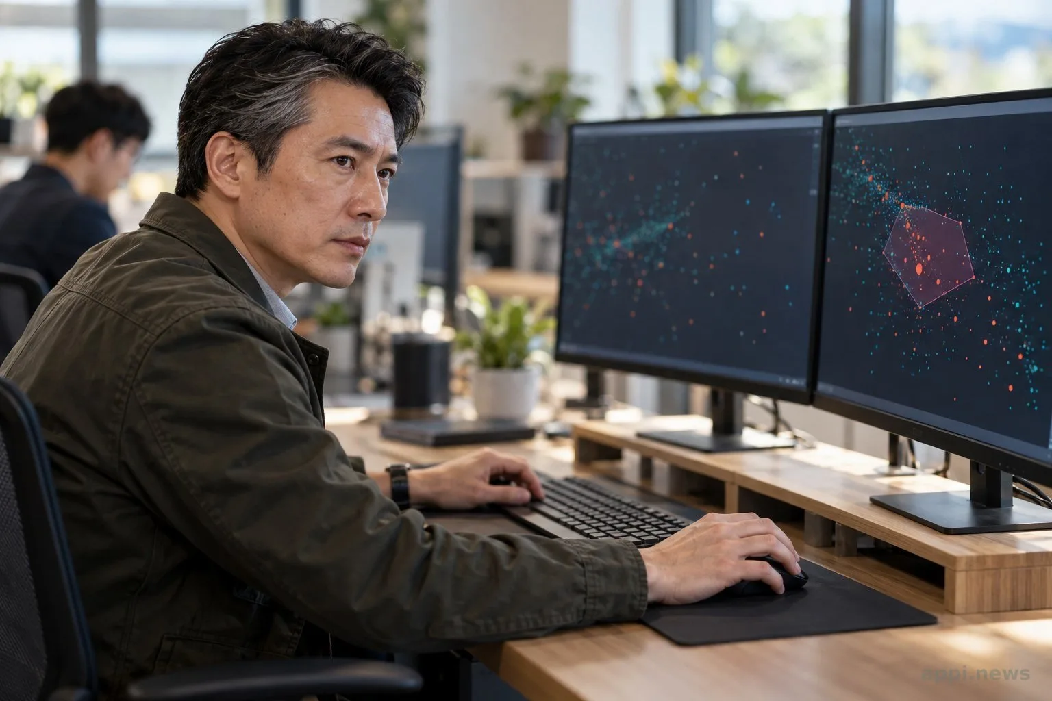一位資安人員坐在工作站前檢視螢幕上的代理活動紀錄。