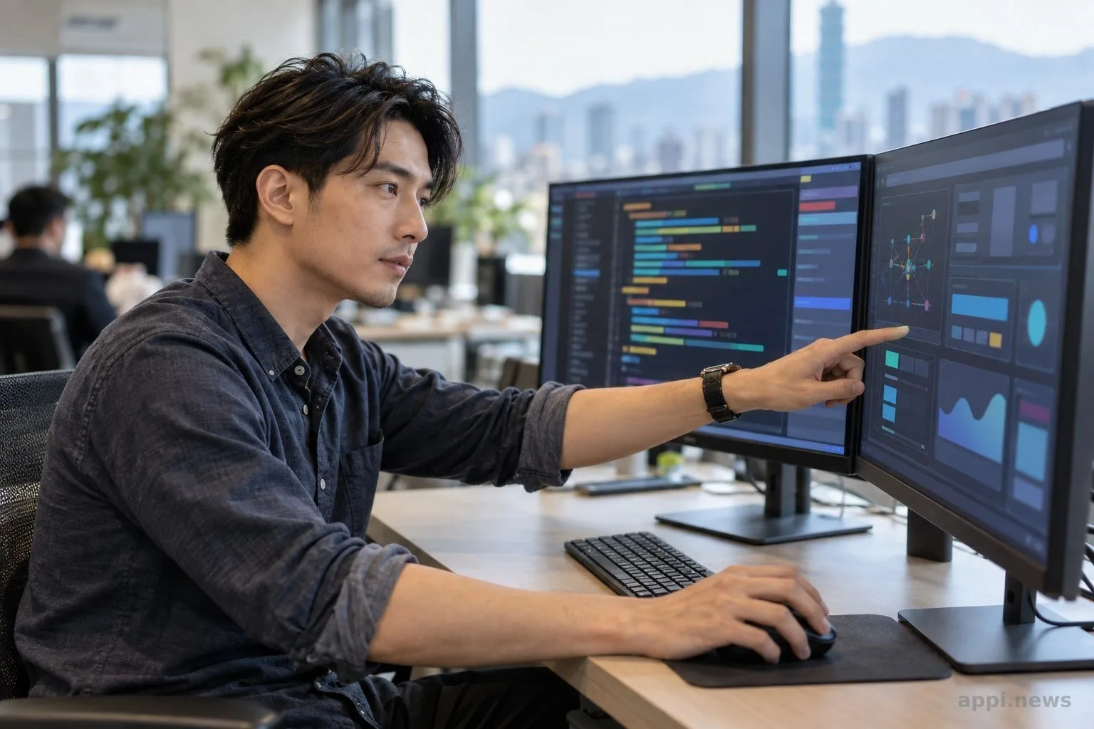 一位工程師在工作站前檢視螢幕上的 C 與 C++ 程式碼。