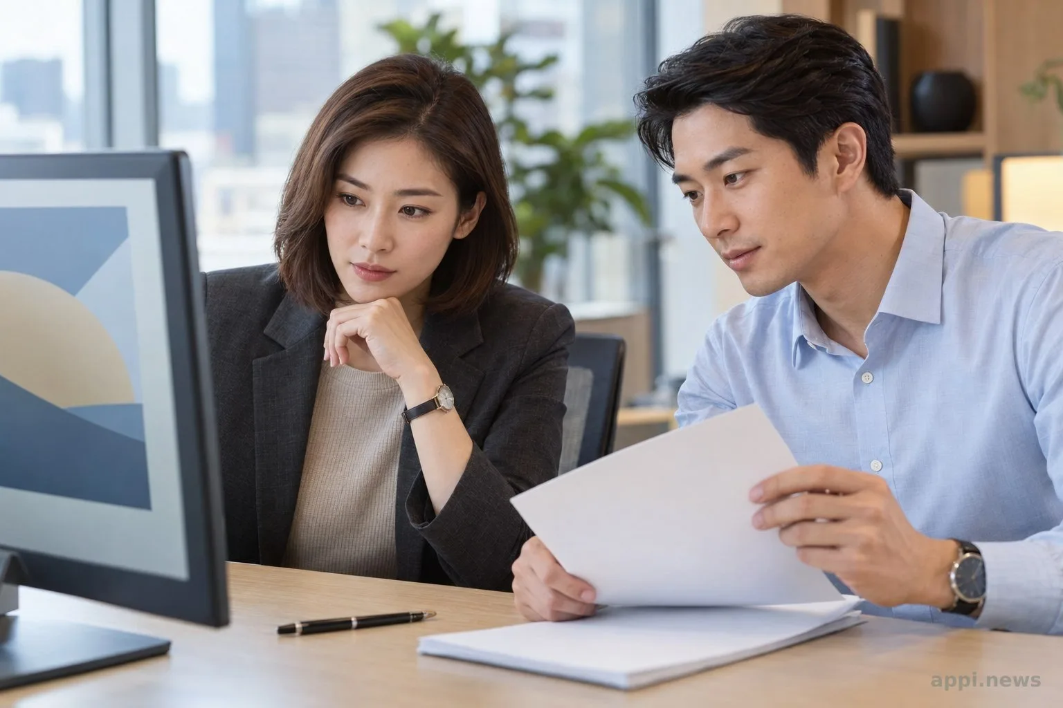 台灣企業辦公室裡，保險風險專業人員檢視電腦畫面，另一位同事翻閱保單文件。