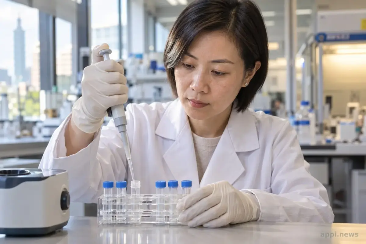 一位亞洲研究人員在實驗室中操作抗體樣本與移液器。