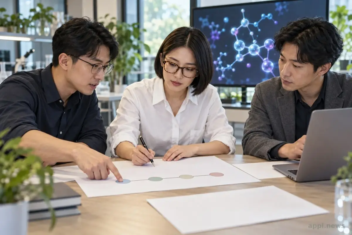 一位台灣研究人員與兩位歐洲研究夥伴在螢幕前檢視合作資料