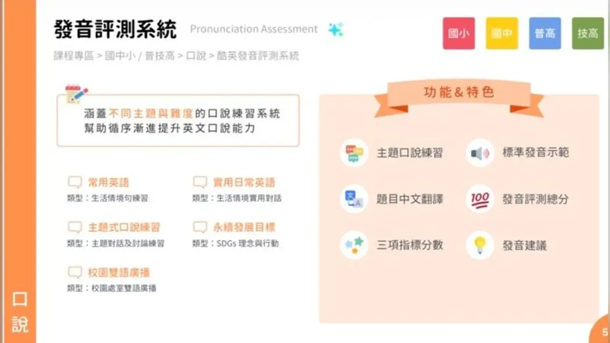 發音評測畫面列出練習內容、評測指標與發音建議