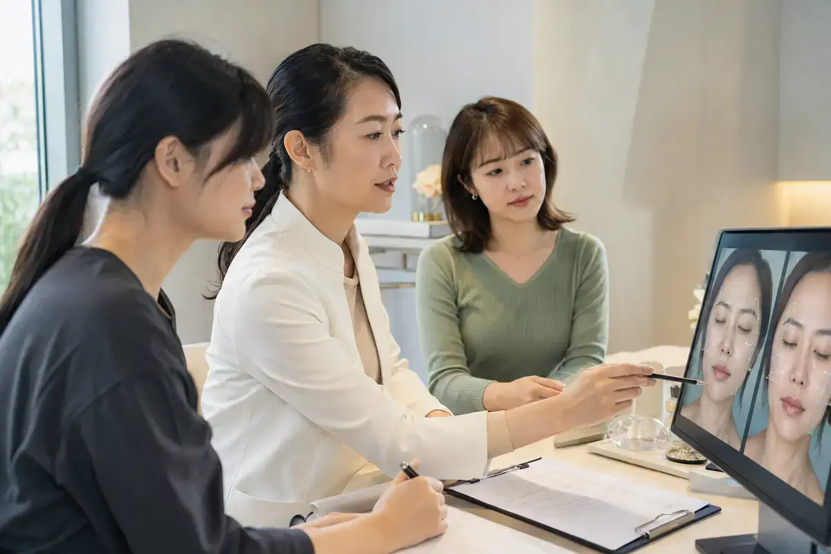 醫療團隊檢視臉部影像與 AI 量測結果的示意圖
