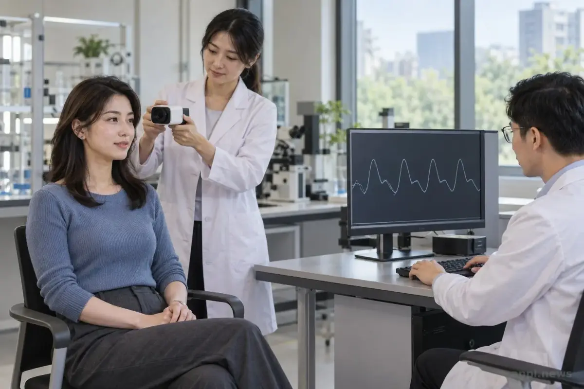 台灣研究室中，一名研究人員以非接觸式感測器觀察受測者，另一人查看螢幕上的生理訊號
