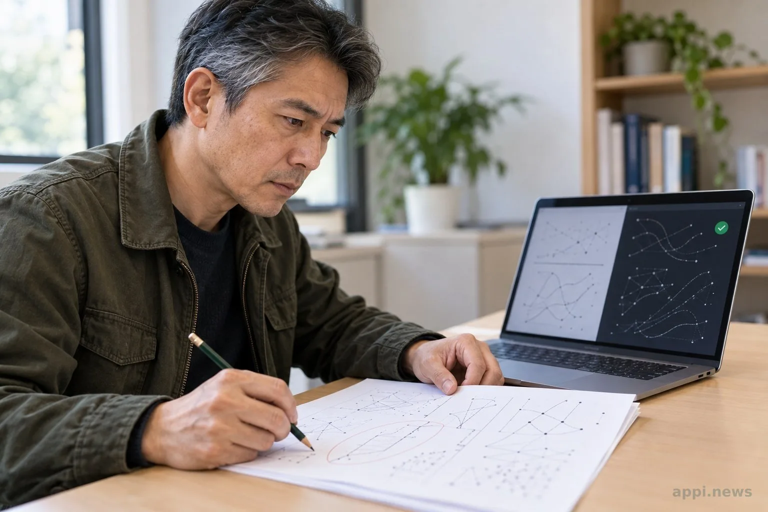 一位研究者在桌前對照數學論文與筆電上的程式碼。