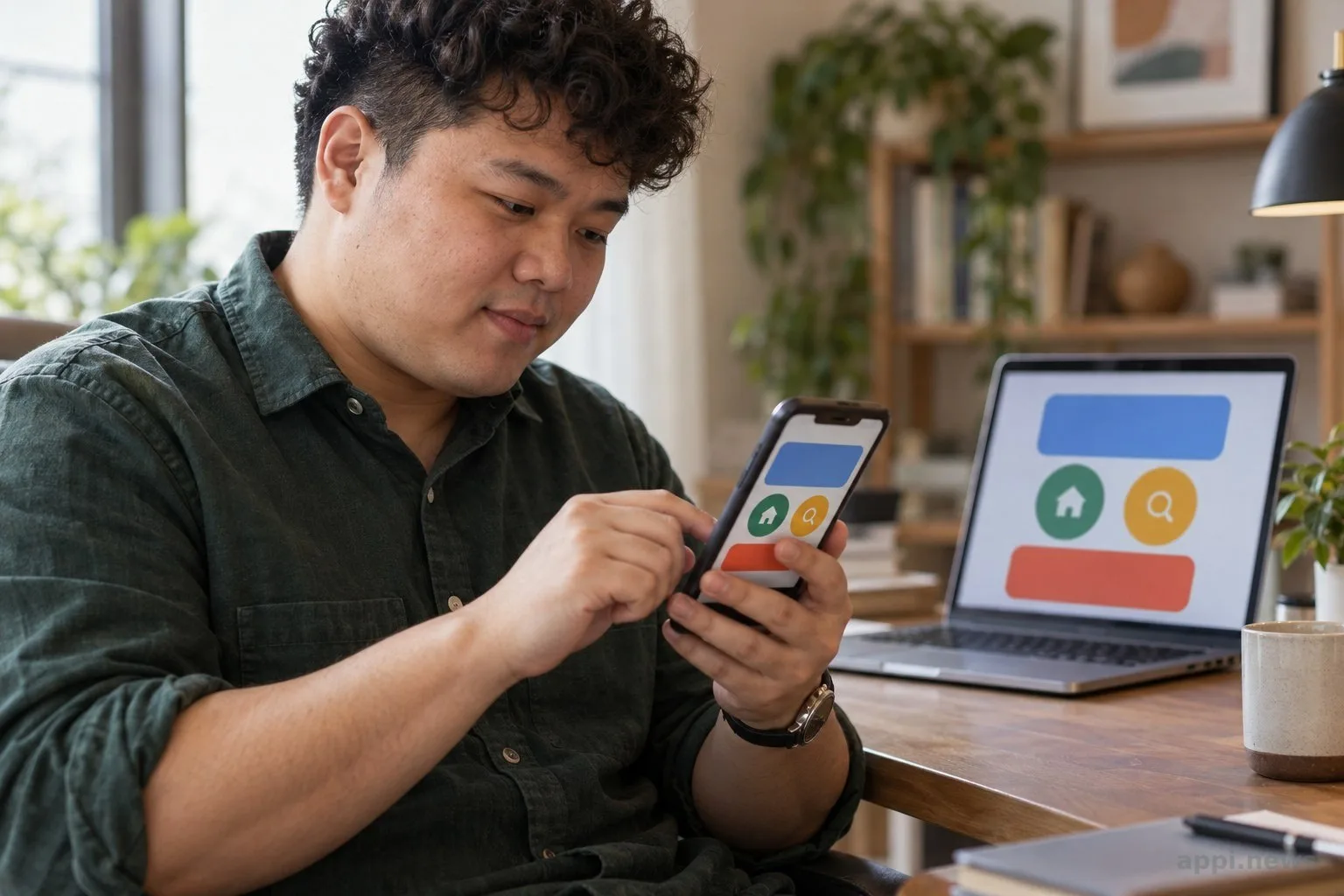 一位台灣開發者坐在桌前操作 Android 手機，筆電上顯示相同的 App 畫面。