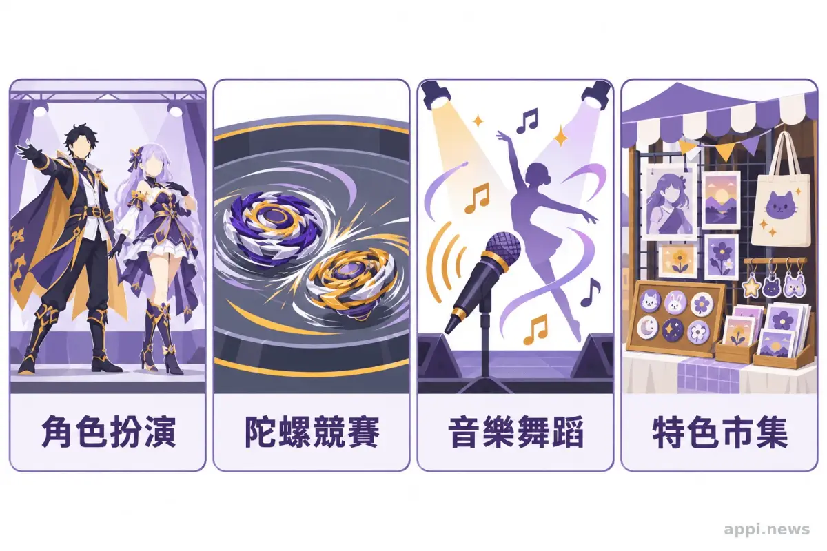 四格並列呈現角色扮演、陀螺競賽、音樂舞蹈演出與特色市集。