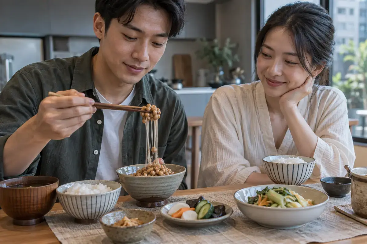 陶碗中的納豆與拌食器具（示意圖）
