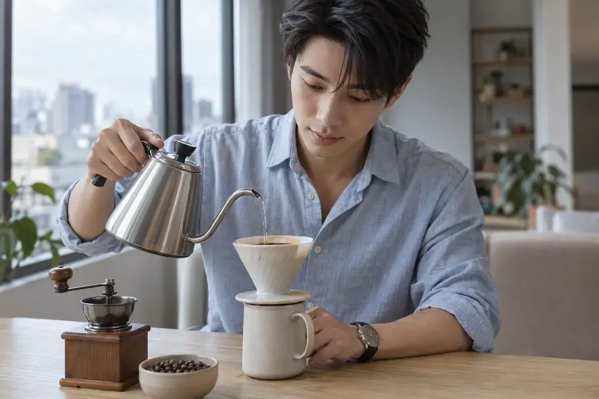 咖啡杯、手沖器具與咖啡豆的桌面場景（示意圖）