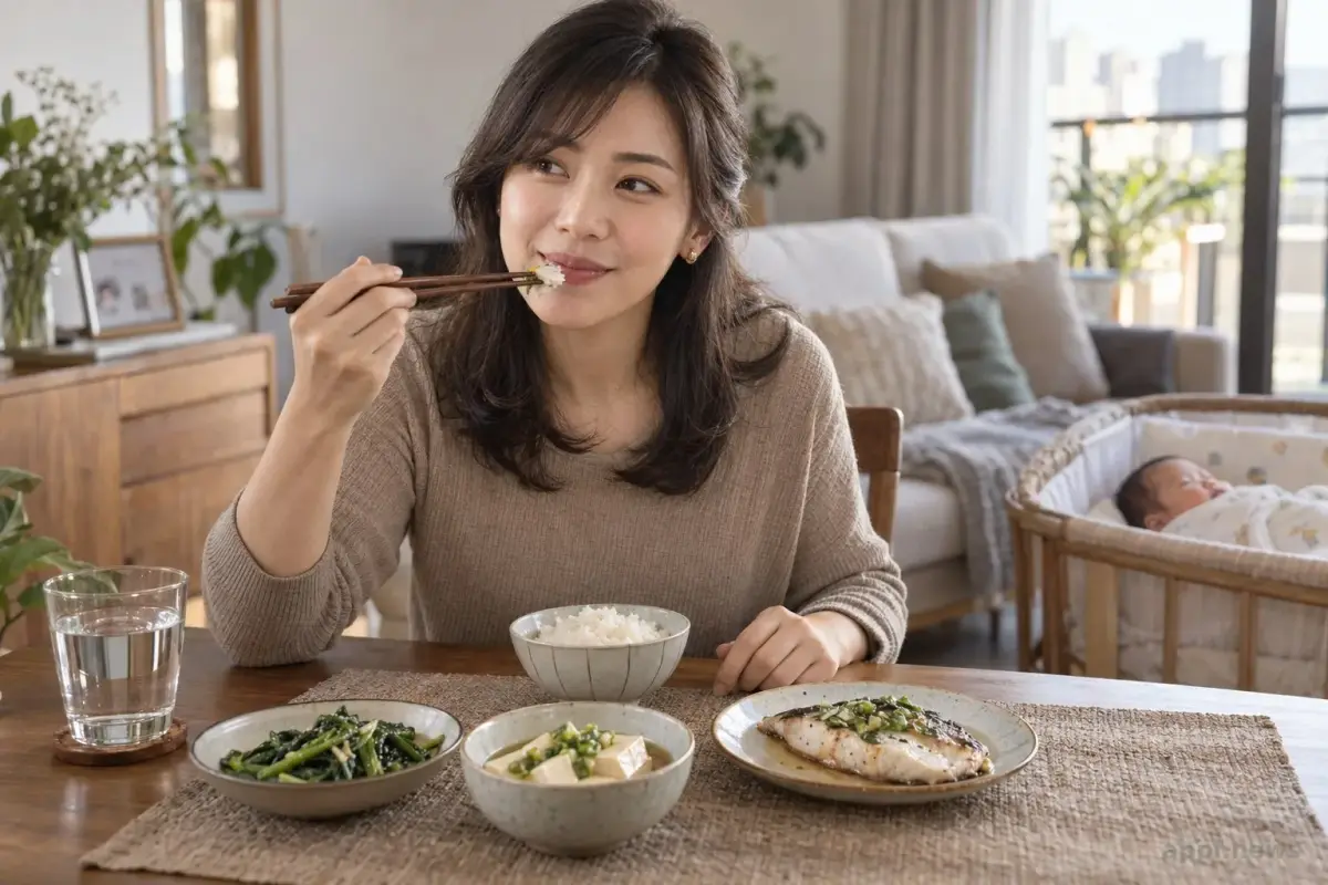 台灣媽媽在家享用魚、豆腐、青菜與米飯，旁邊的嬰兒躺在嬰兒床裡
