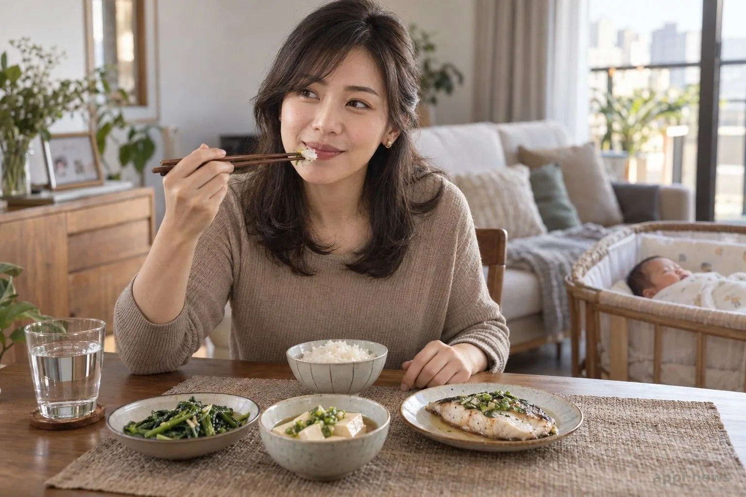 台灣媽媽在家享用魚、豆腐、青菜與米飯，旁邊的嬰兒躺在嬰兒床裡
