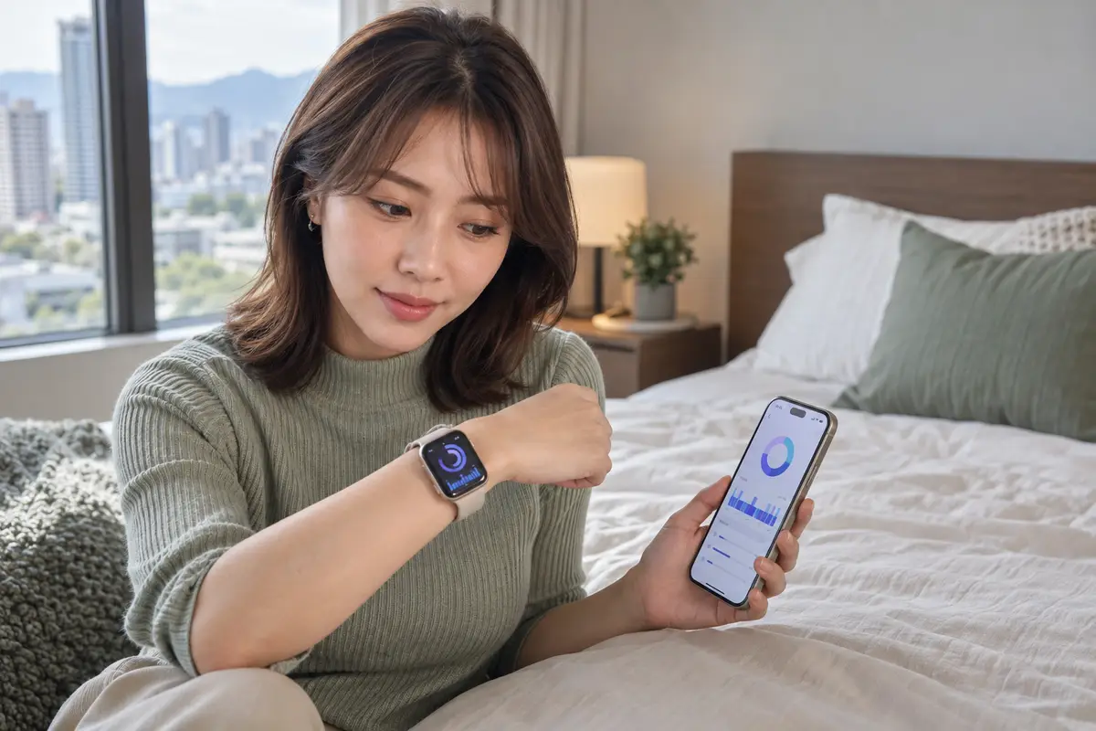 床邊的 Apple Watch 與手機顯示睡眠分數和睡眠圖表（示意圖）