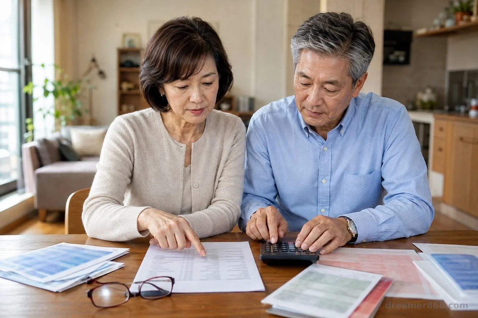 臺灣退休夫妻在家中餐桌對照外幣債券對帳單與新臺幣生活預算。