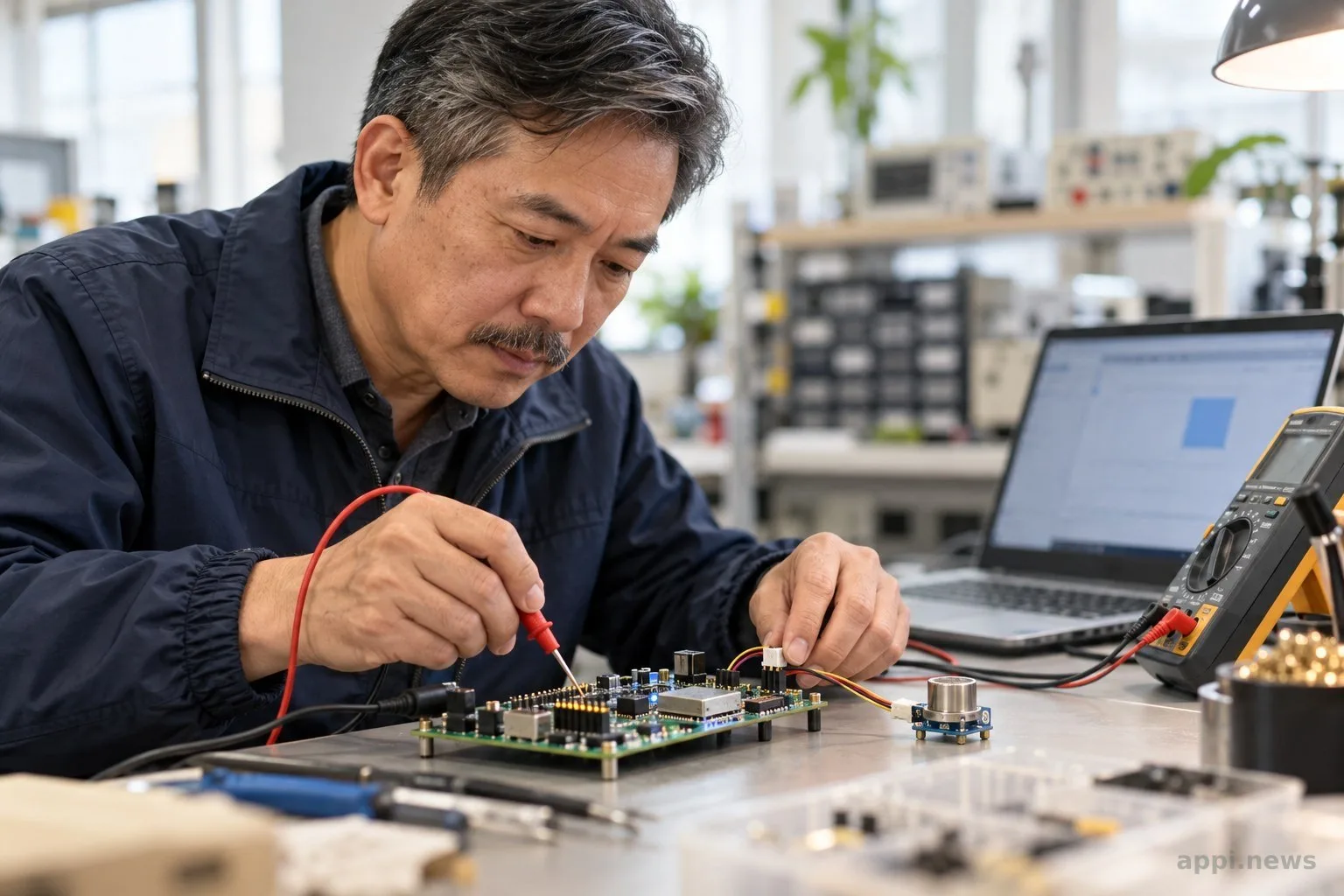 一位工程師在工作桌前檢視連接感測器與筆電的 MCU 開發板。