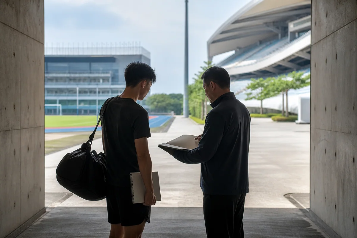 選手與教練在運動場館入口討論訓練規畫。