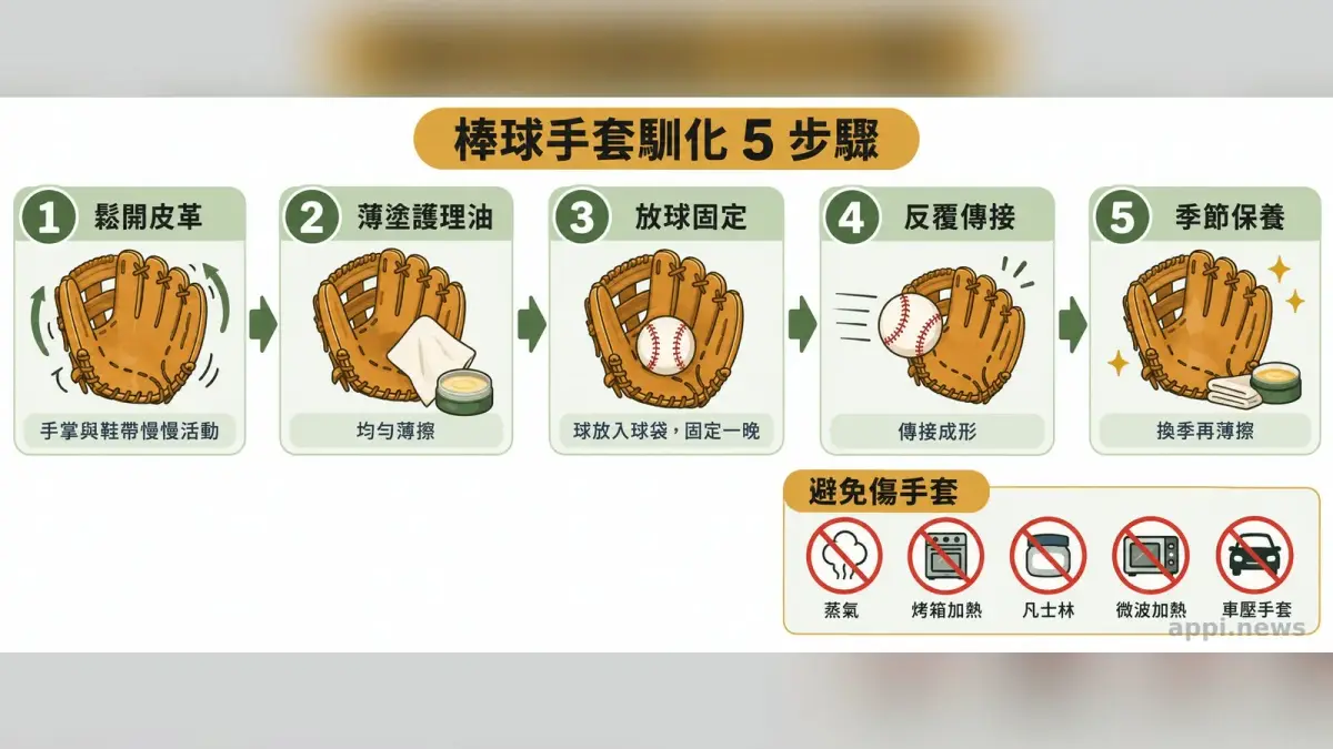 棒球手套馴化的五個步驟流程圖，包含鬆開皮革、薄塗護理油、放球固定、反覆傳接與季節保養