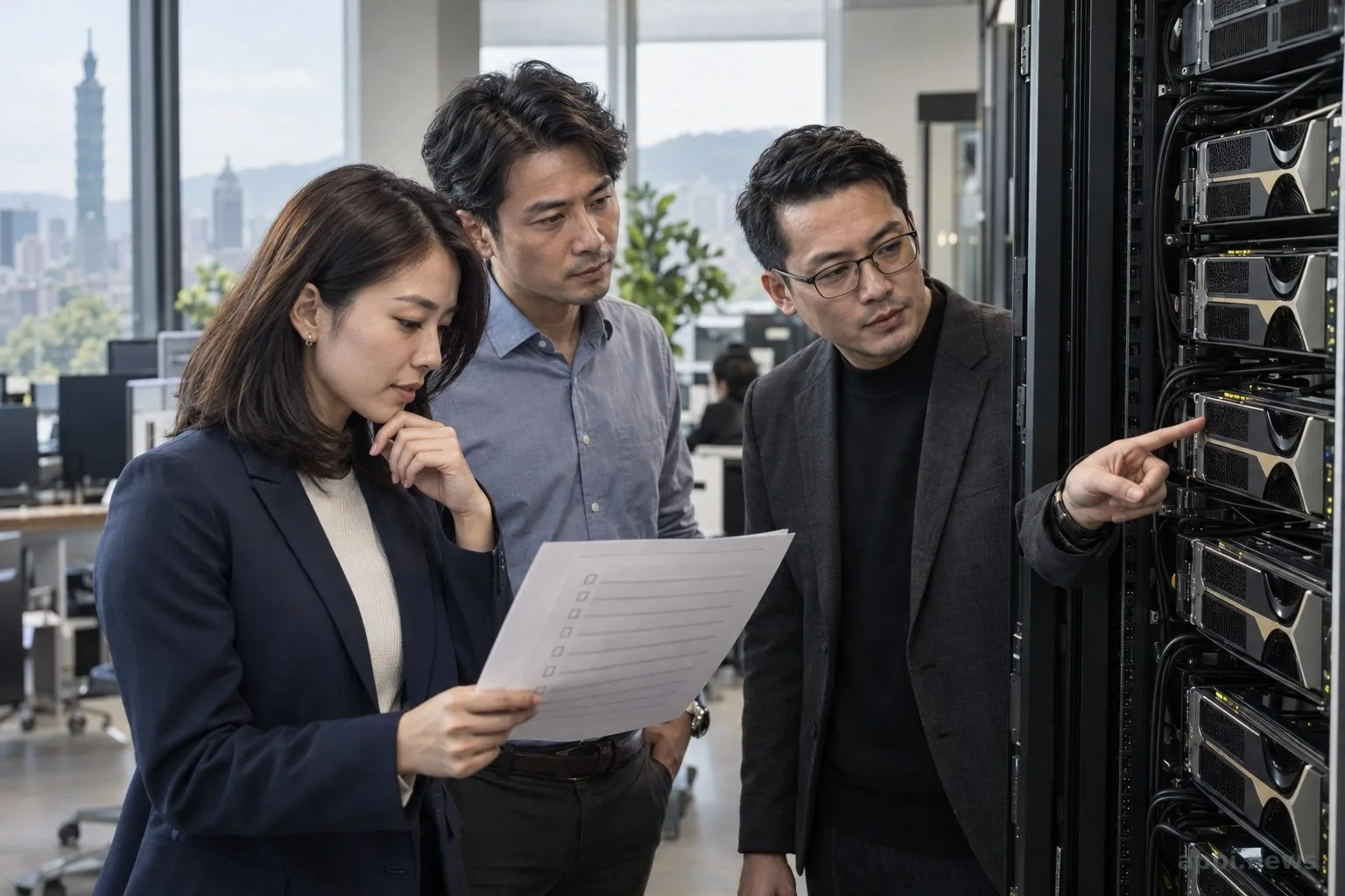 台灣企業科技團隊在伺服器機櫃旁查看部署清單並討論模型上線準備。