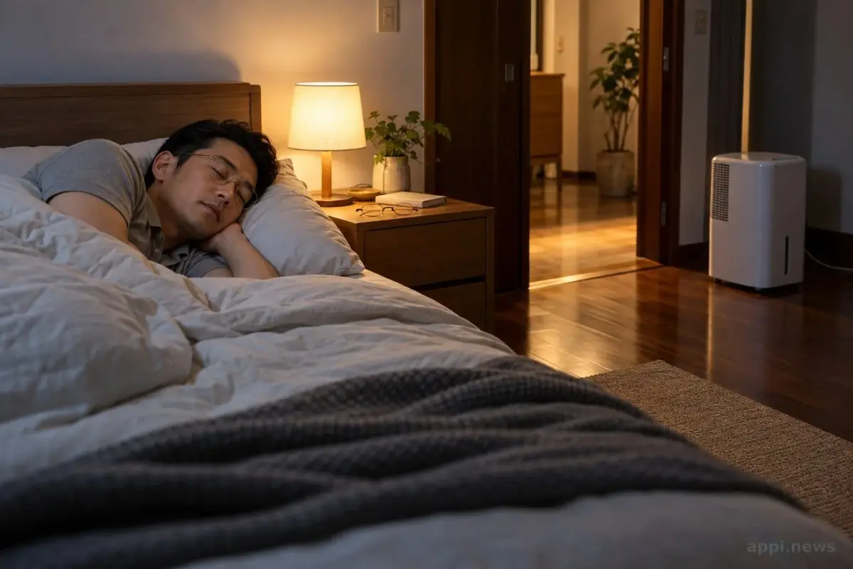 夜間臥室裡，除濕機放在遠離床鋪的位置，出風口朝向房間空處