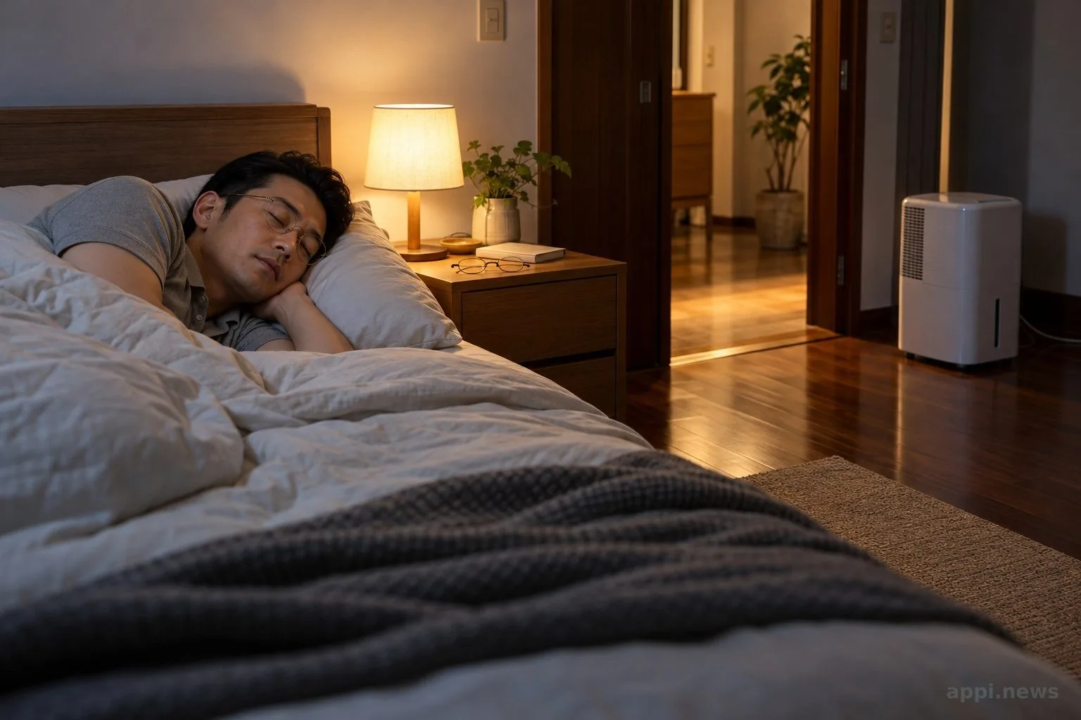 夜間臥室裡，除濕機放在遠離床鋪的位置，出風口朝向房間空處