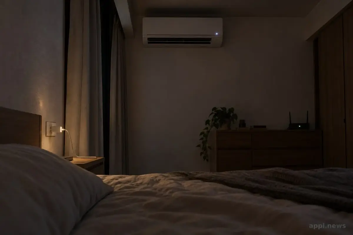 從枕頭高度看見冷氣、充電器與路由器燈號落在視線中的臥室
