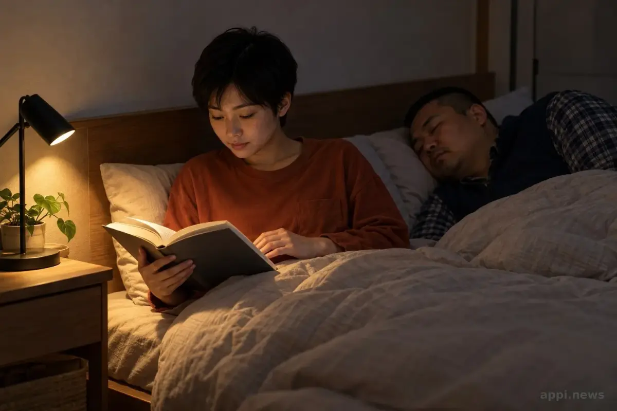 一人躺在床上睡覺，另一人坐在床邊閱讀，局部燈光只照亮書本。