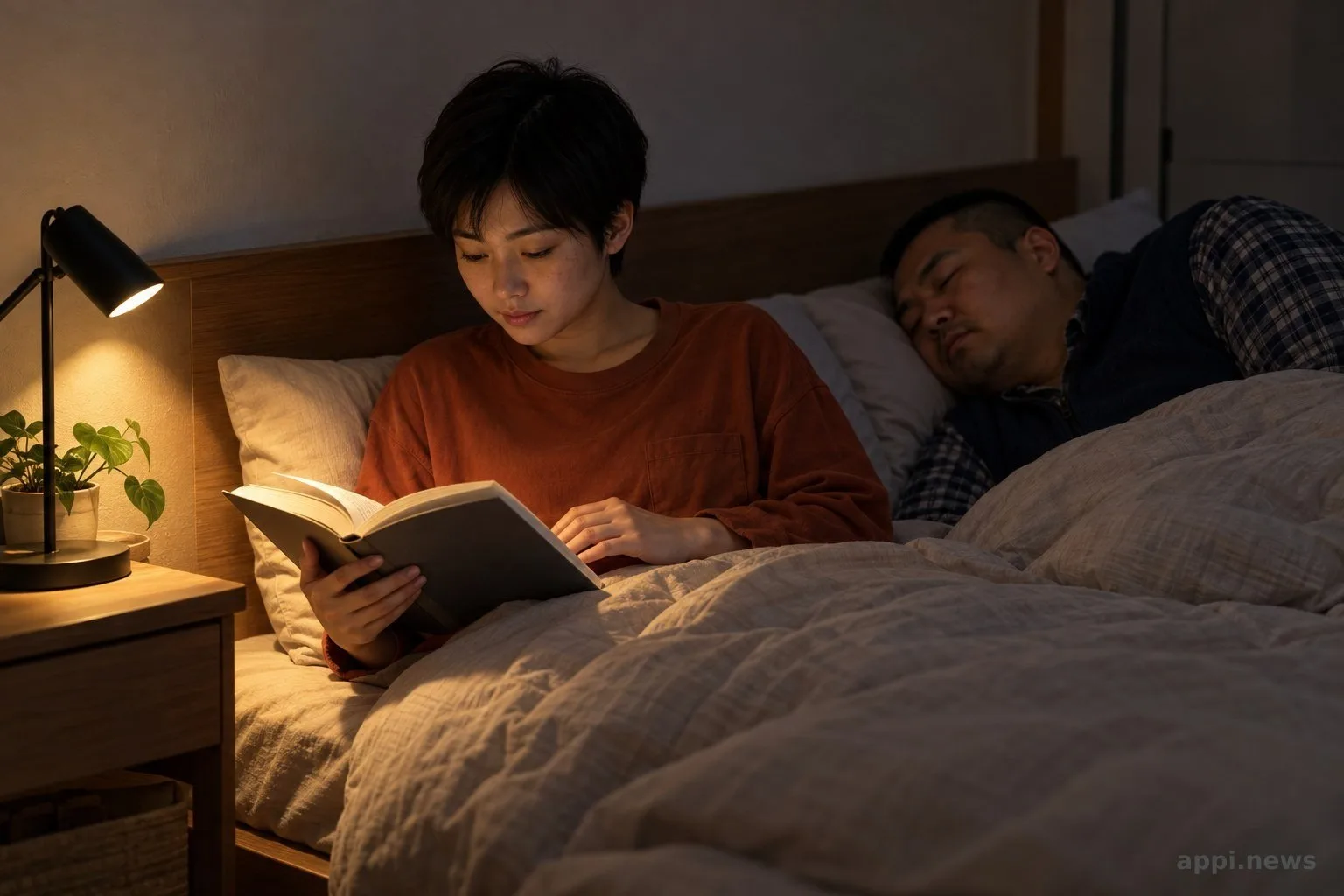 一人躺在床上睡覺，另一人坐在床邊閱讀，局部燈光只照亮書本。