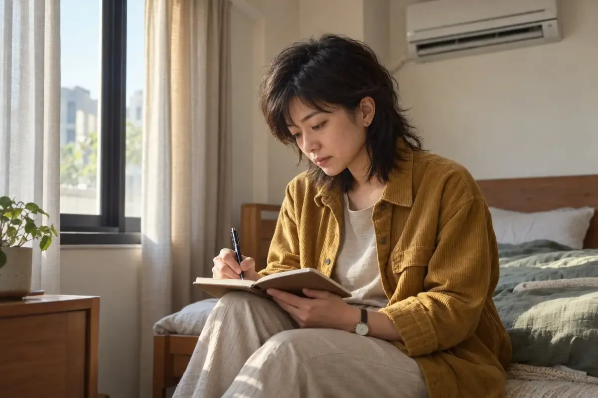 晨光從窗簾邊緣透入台灣住宅臥室，一位屋主坐在床邊記錄睡眠困擾。