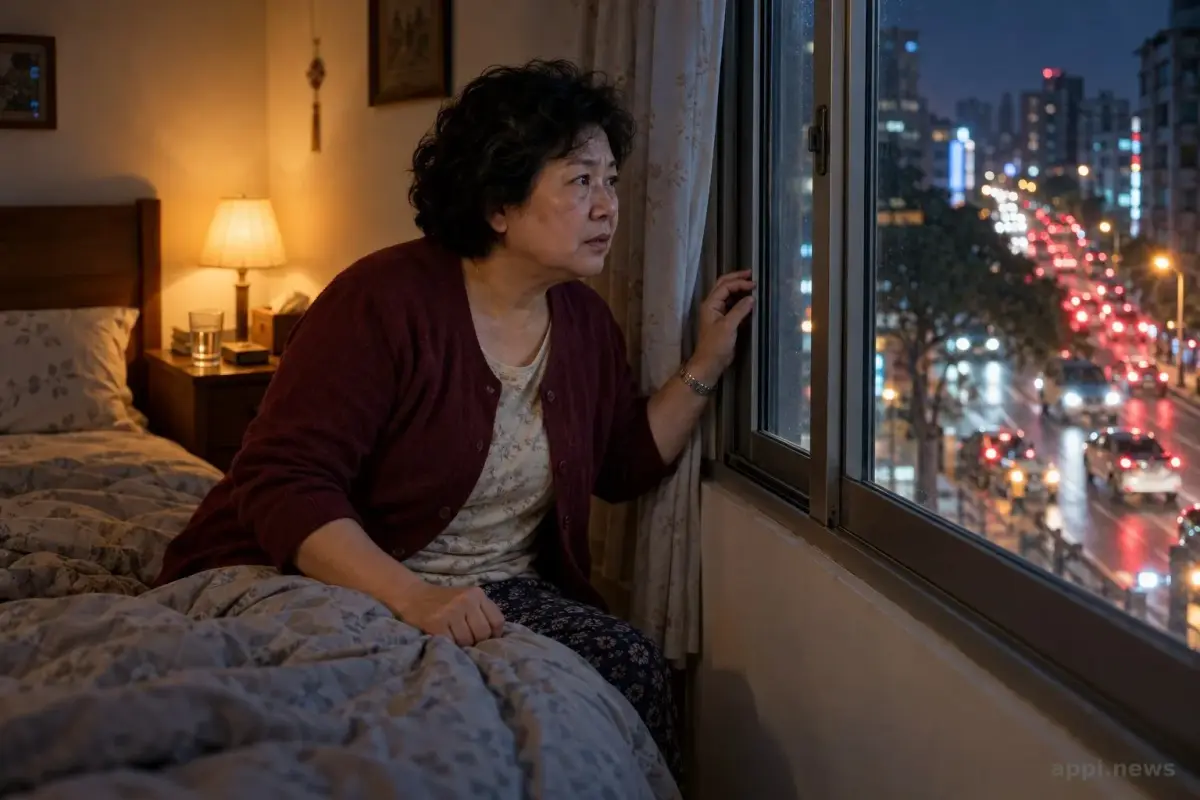 夜間臥室內，一名住戶坐在床邊看向窗外的車流