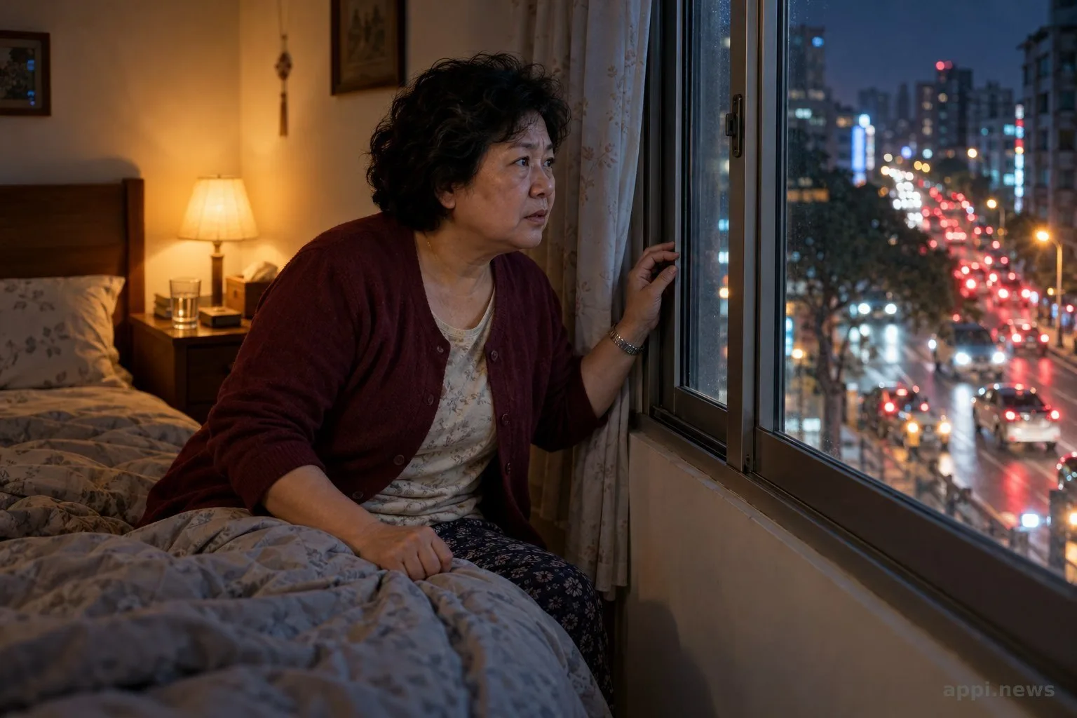 夜間臥室內，一名住戶坐在床邊看向窗外的車流