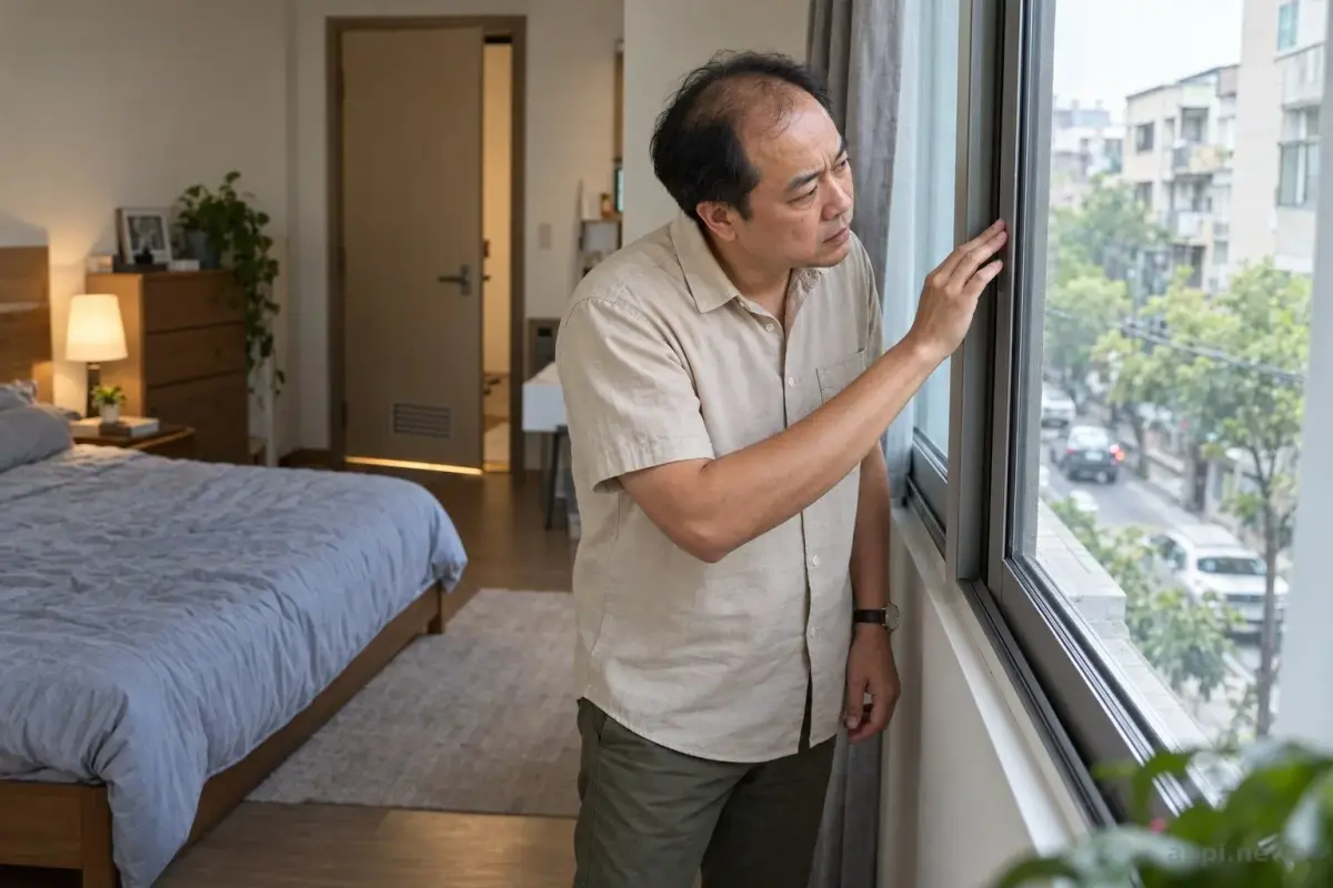 一位屋主站在臥室關閉的窗戶旁，側耳聆聽窗外聲音。