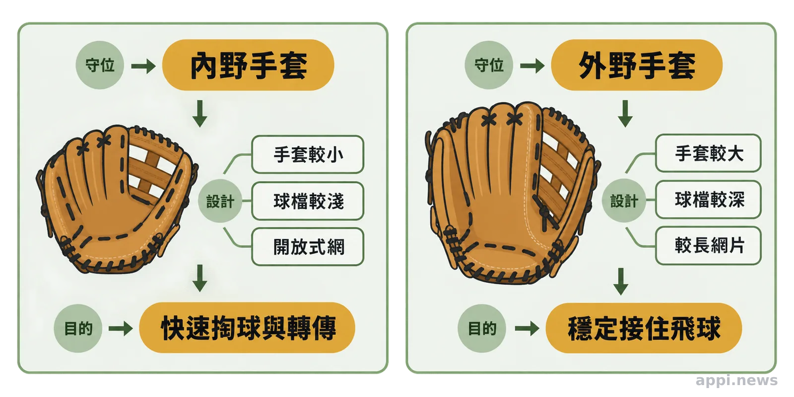 內野手套與外野手套並列比較，標示球檔深淺、手套大小與使用目的