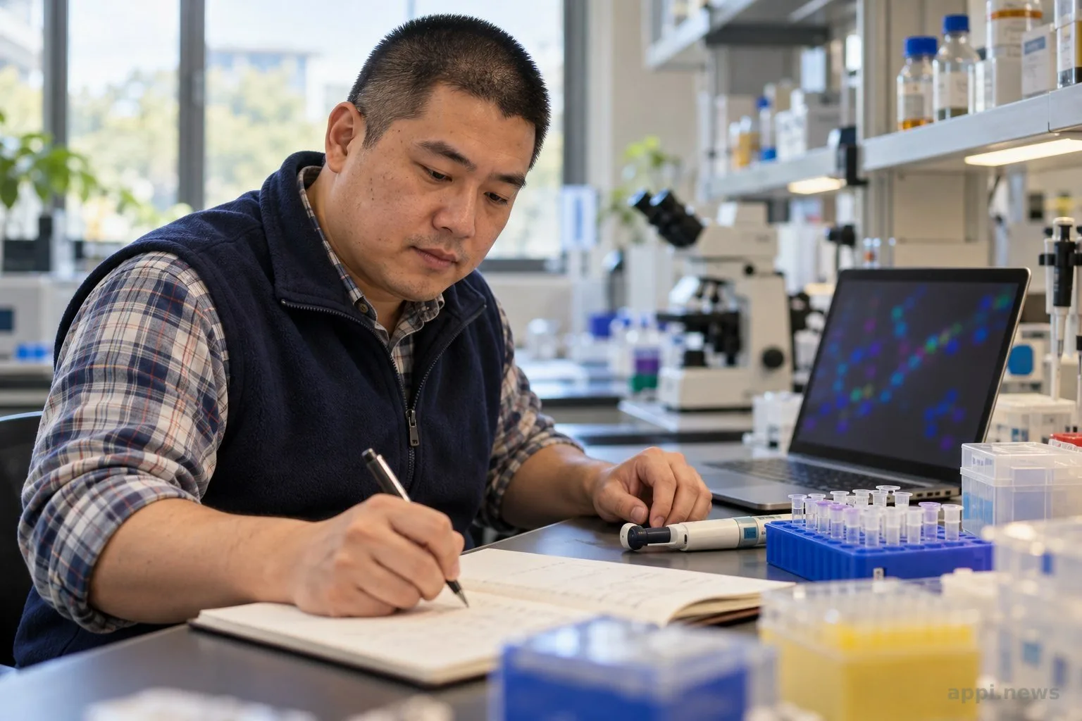 一位研究者在實驗室桌前查看筆電上的 DNA 序列與對話介面。