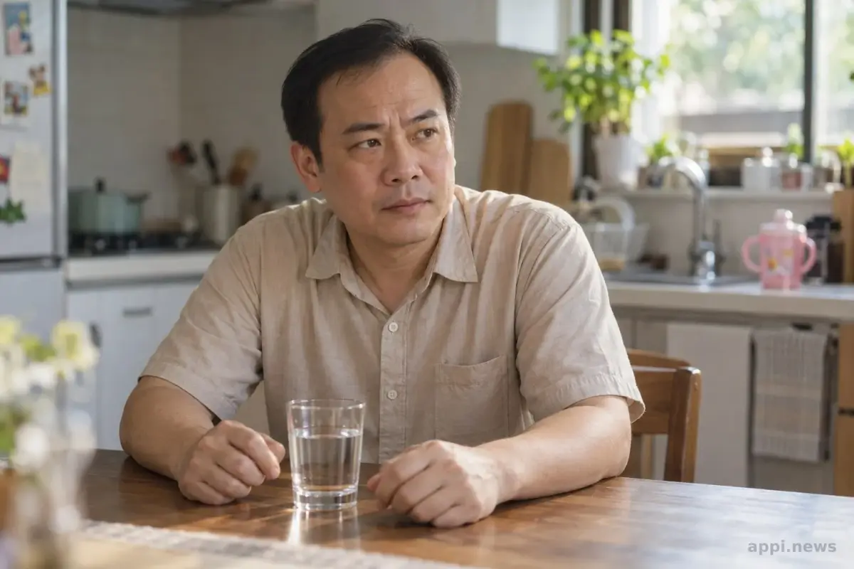 一位照顧者坐在家中桌旁，雙手放在水杯旁短暫停歇。