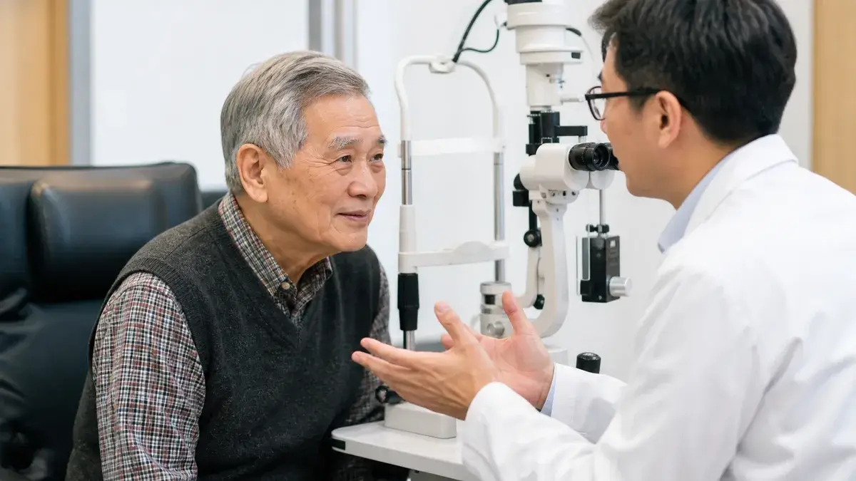 長者接受眼科檢查、討論白內障手術示意