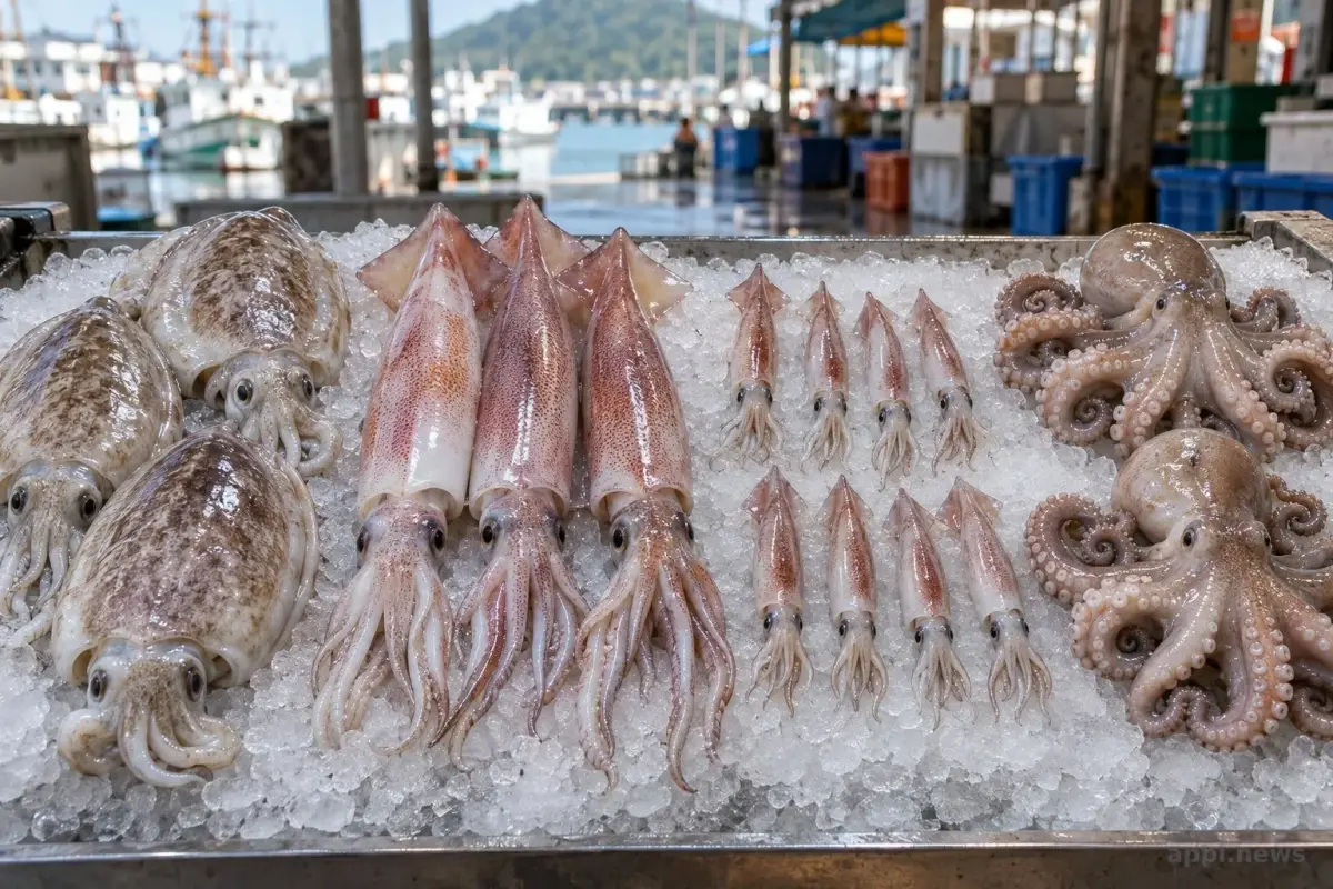 台灣市場冰台上分區陳列花枝、魷魚、小卷與章魚。