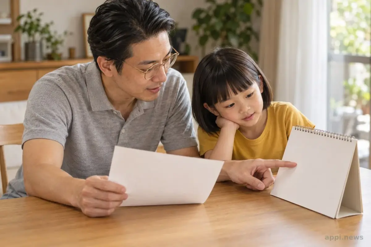 一位家長陪著幼兒在桌前核對紙本檢核表與日曆。
