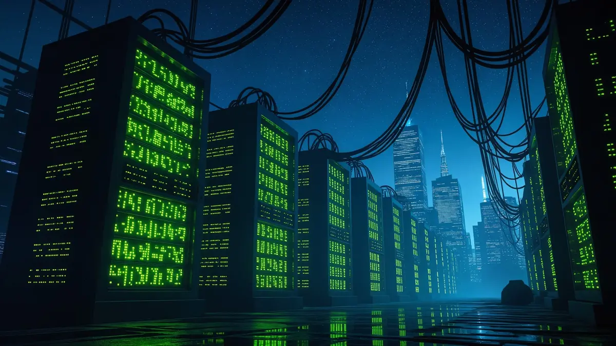藍色燈光照亮的資料中心伺服器機櫃，呈現雲端 AI 服務的基礎設施