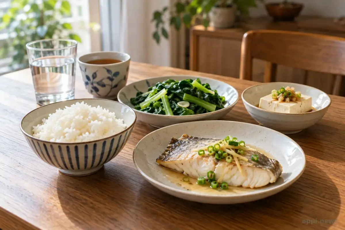 餐桌上有白飯、蔬菜、豆腐、魚、白開水與無糖茶。