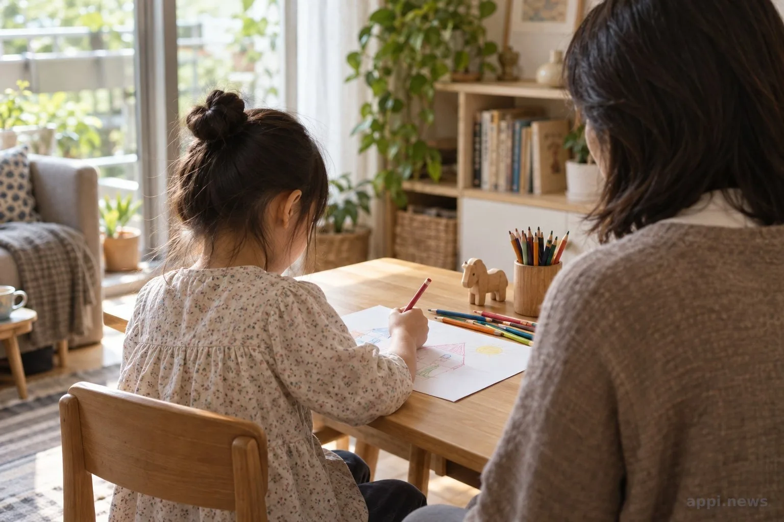 孩子坐在放有白紙和彩色畫筆的桌前作畫，成人在一旁陪伴，未呈現孩子正臉