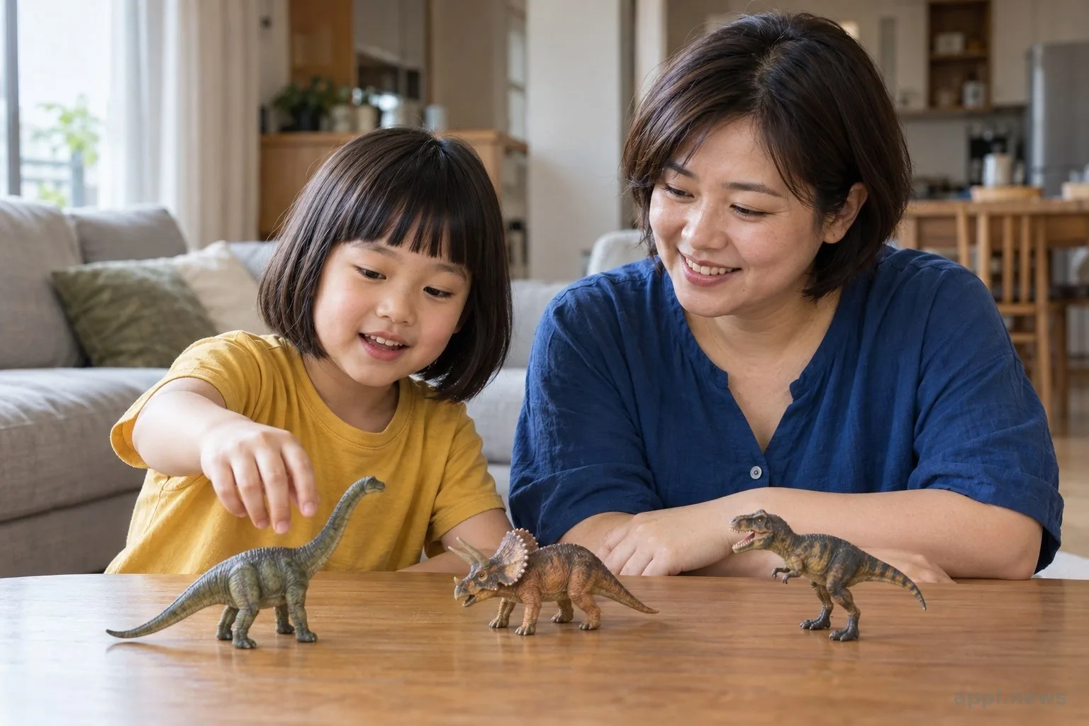 一位家長陪幼兒在矮桌前玩恐龍玩具，孩子伸手拿取玩具，家長在旁注視回應。