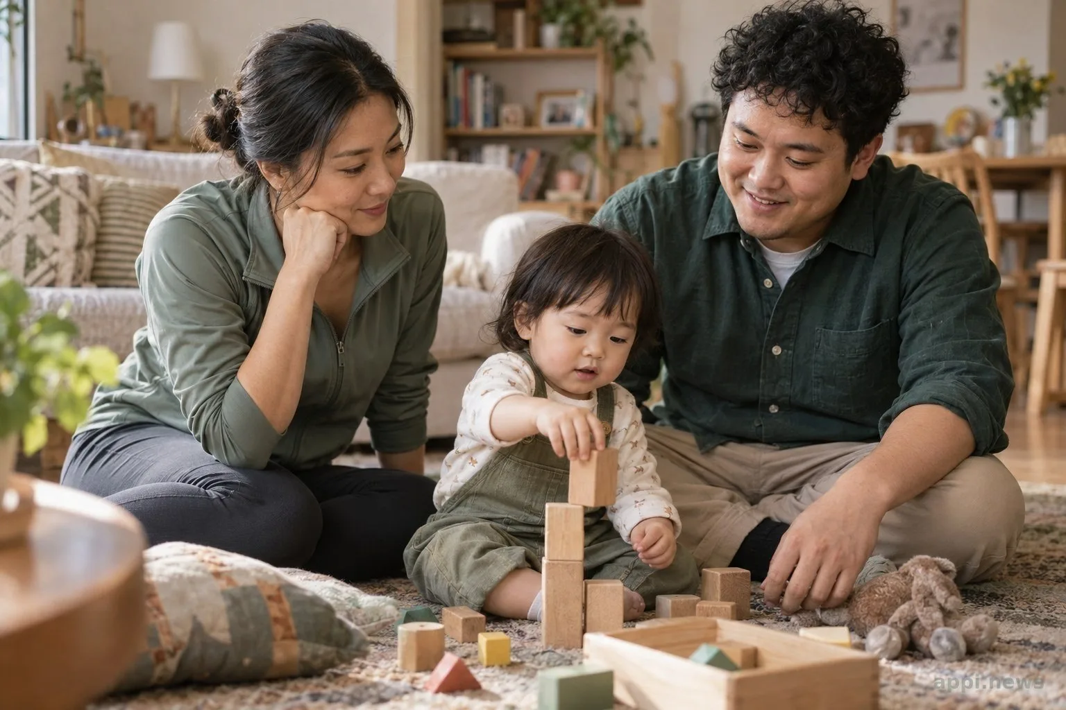 台灣家長坐在客廳地墊旁，觀察幼兒玩積木與表達手勢