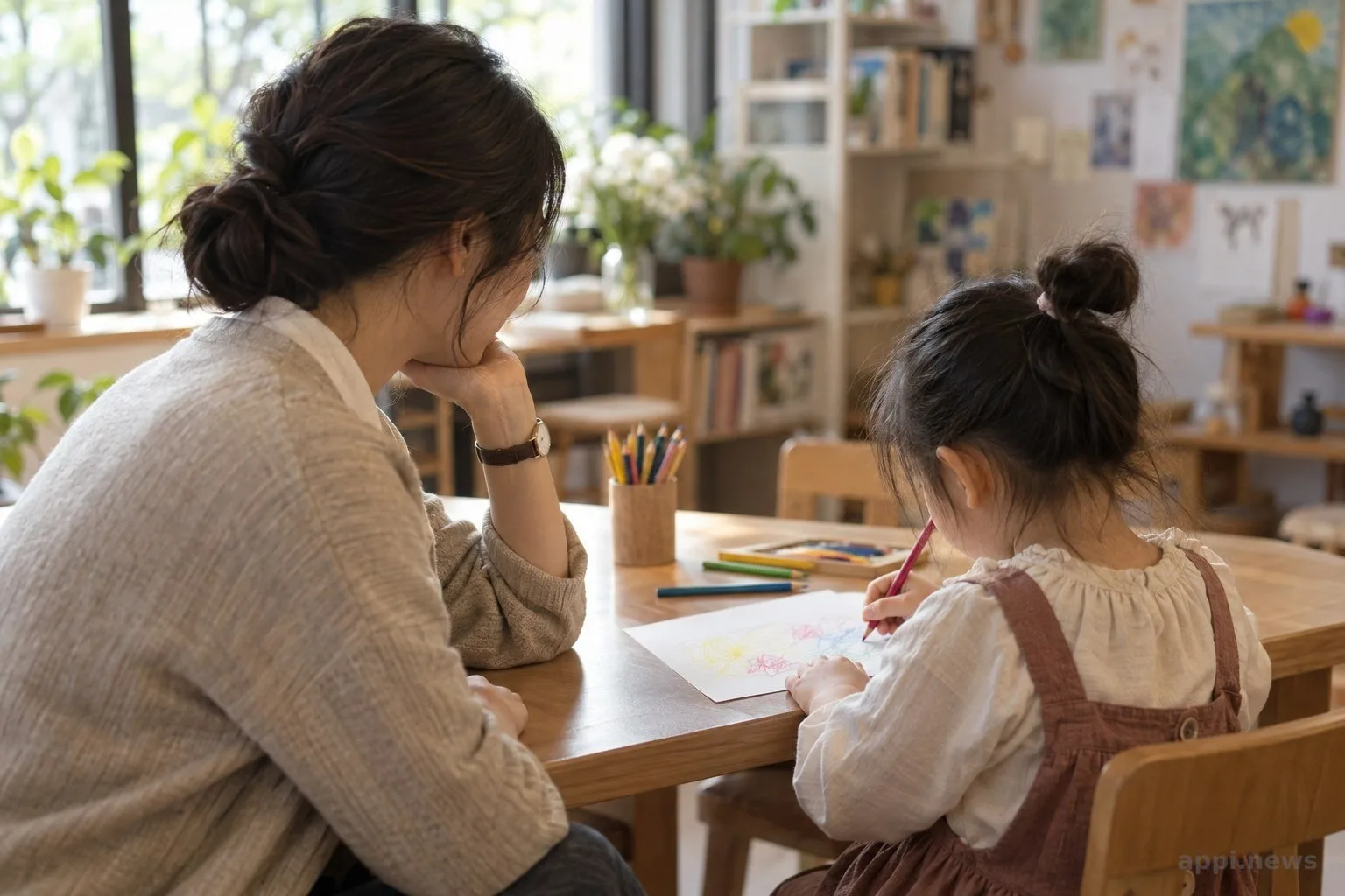 一位大人安靜陪在孩子身旁，孩子背對鏡頭在紙上畫畫。