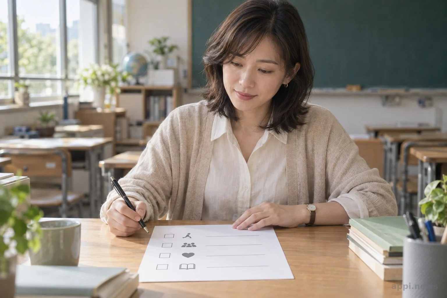 大人在安靜的教室查看列有身體、行為、情緒與學習項目的觀察清單