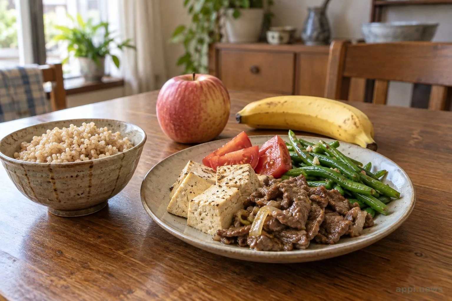 木桌上擺著糙米、豆腐、牛肉、四季豆、番茄、蘋果和香蕉。