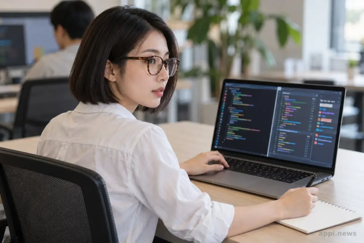 一位台灣工程師坐在辦公桌前，檢視筆電上的兩種程式代理工作介面。