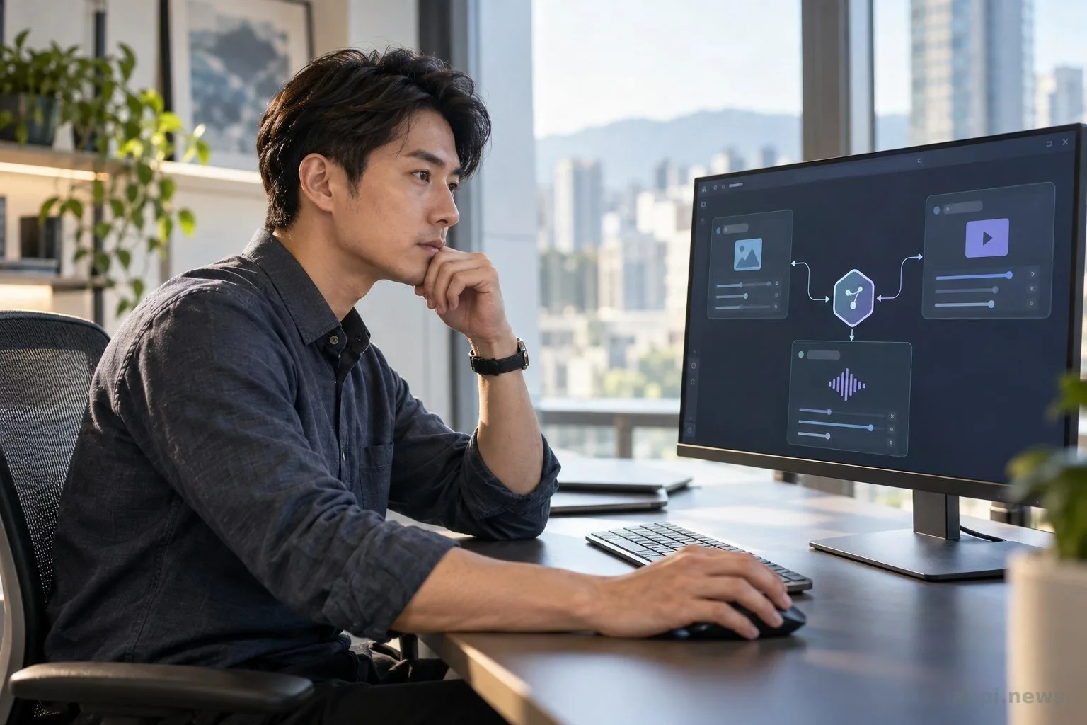 一位亞洲開發者在螢幕前檢視連接圖像、影片與音訊服務的 API 儀表板。